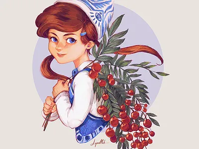 A Fruitful Year 2017 blue eyes digital painting fantasy fruitful girl illustration leaf new year painting postcard vintage
