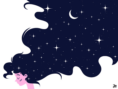 Starry night hair character girl illustration moon night sky stars vector woman