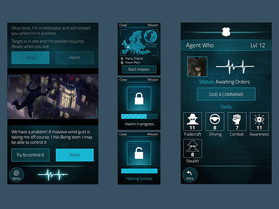 Spygame UI appdesign apple watch dark blue icon design iphone mission spygame ui ux videogame