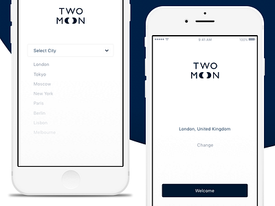 Two Moon - City Selector app app design blue candle daily ui logo moon ui ui design ux ux design white