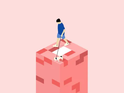 Walking the dog blue dog man people pink red tower vector walking