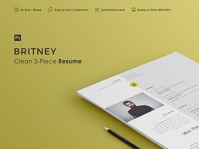 BRITNEY - Resume Template 3 piece career clean cover creative curriculum cv letter minimal professional resume vitae