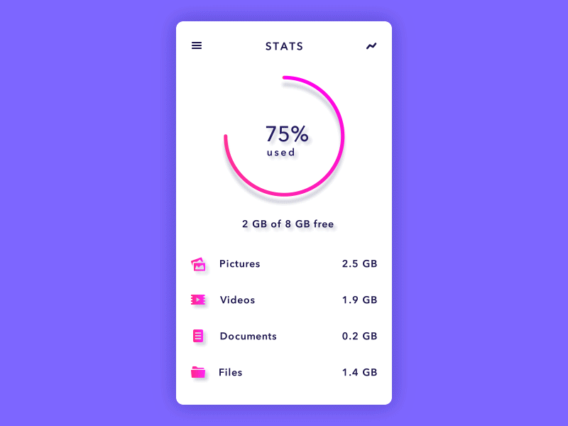 Cloud storage app animation app chart concept flat gif graph line material pie transition ui