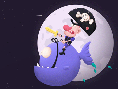 Ahead we gooo!! animation fish illustration moon pirate splash sword water