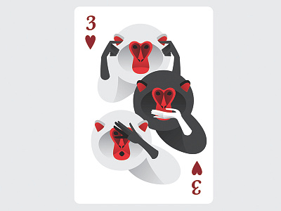 Three of hearts art cards illustration monkey red vector