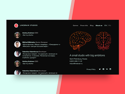 Linebrain Studios "about us" page contacts development game games list screenshots sketch studio team ui ux web