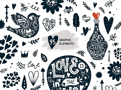 Valentine's day pack illustration lettering love set valentine