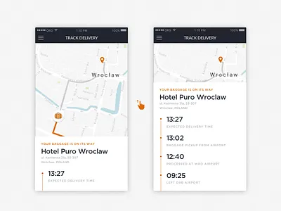 Bag Track UI app baggage cards city free throw list logistics time tracking ui