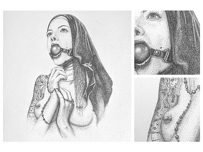 Naughty Nun dotwork drawing handmade illustration pointillism sketch