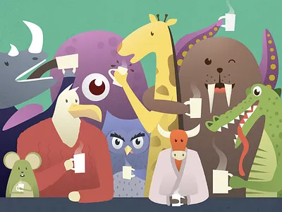 The Coffee Lovers alligator animals bull crocodile giraffe mouse octopus owl rat rhino rooster seal