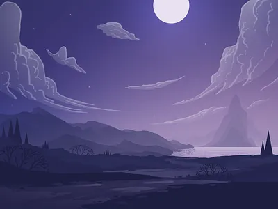 flat purple landscape 2d flat illustration lake landscape moon mountains night road stars