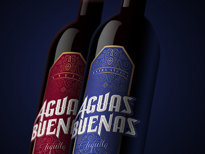 Aguas Buenas blue bottle brand custom type drink gold identity label logo logotype red tequila