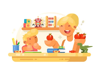 Mom helps son boy education flat homework illustration kit8 mom mother parent son studying vector