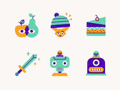 Icons apple character flat fruit funky icon icons illustration patswerk robot sword vector