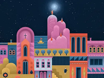 Illustration buildings city girl green hills illustration orange purple sky stars texture vector