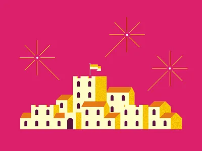 Happy Kingdom block building castle celebration fireworks flag house illustration isometric kingdom village