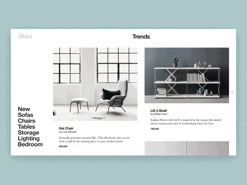 .Mura Sidebar - UI Animation baskerville brand craft design furniture helvetica interior logo product makers