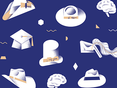 "THE MUSEUM OF THOUGHT" — Pattern of Hats bicorne brain cowboy hats illustration panama pattern tophat