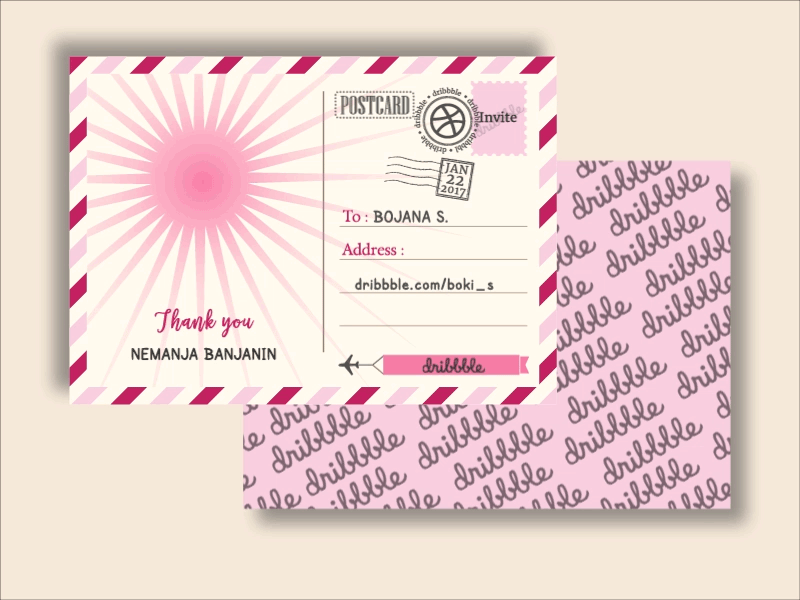 Hello Dribbble! animation debut first hello illustration invitation pink postcard shot