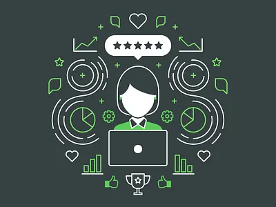 Year in Review "Customer Service" illustration analytics computer data graphs heart icons illustration line art stars trophy vector woman