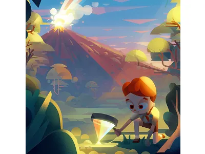 Consequences child explosion fire glass illustration island jungle magnifying parallel rainbow smoke volcano