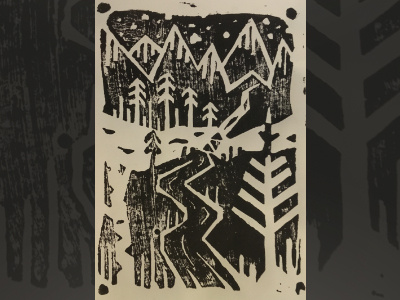 Linocut adventure forest linocut mountain tree