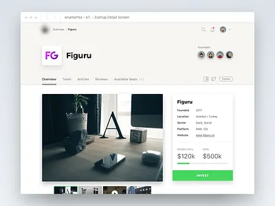 Startup Detail Screen account card gallery icon invest profile sidebar startup tab menu ui ux web app