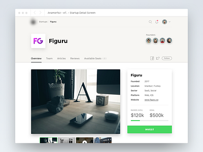Startup Detail Screen account card gallery icon invest profile sidebar startup tab menu ui ux web app