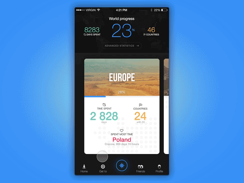 Continents moving animation app application design interface ios iphone map mobile travel ui ux