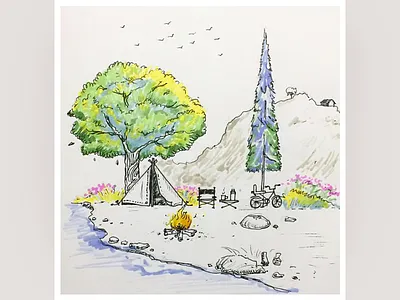 Camping bicycle camping illustration trees