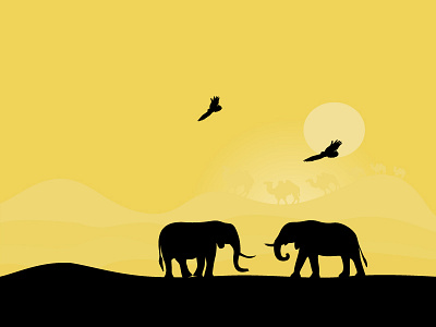 Elephants At Sunset animals camels desert illustration mountain running sand sun walks