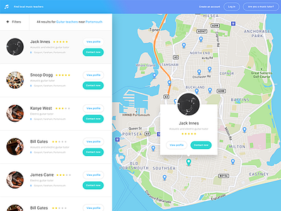 Music tutor UI local map music search teacher