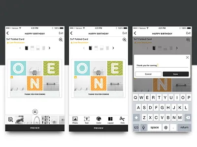 App UI / Photo Greeting Card Design add photos bottom menu create product icons low resolution warning menu bar mobile interface photo card design preview select photo text input ui design