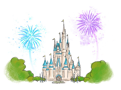 Hello Dribbble castle cinderella disney fireworks illustration