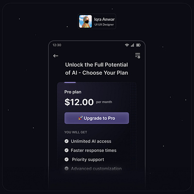 Dark Mode - Mobile Subscription Screen ai ai app app design dark dark aesthetics dark mode subscription ui ui inspo uiux ux ux design