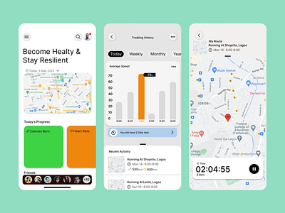 Track & Achieve Fitness Goals UI active lifestyle activity tracker data visualization fitness dashboard fitness tracker gps tracking health app heart rate map navigation mobile ui running app sports analytics step counter ui design ui inspiration user dashboard ux design ux ui workout stats workout ui