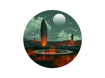 Stones ancient debut design fire flat graphic design holy illustration landscape lava moon mystic orange photoshop red sacred sky stars stone temple