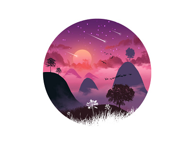 Hills 2d art beautiful clean debut design flat flowers graphic design hills illustration landscape paradise photoshop pink scenery sky stars sunrise sunset