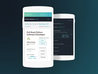 Upfront Open Positions and Filters app card developers filters hiring interface mobile product tech ui ux web app