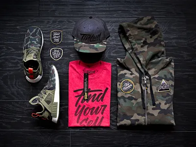 Camo + Red apparel design embroidery hat lettering packaging patch photography snapback