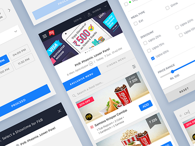 Online Food Order - Designed for Mobile Web bookmyshow card style carousel cinema food item food order list movie offers showtime slider venue