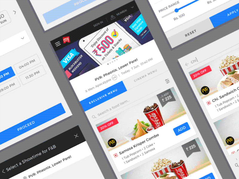 Online Food Order - Designed for Mobile Web bookmyshow card style carousel cinema food item food order list movie offers showtime slider venue