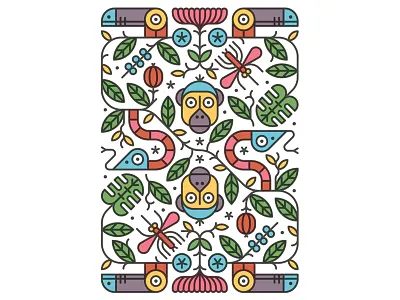 In the jungle animal card design flat graphic illustration nature pattern plant retro vector vintage