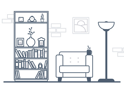 Study with coffee armchair bookshelf coffee lamp study