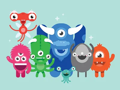 Monster Squad children colourful flat horns illustration kids monster one eyed teeth