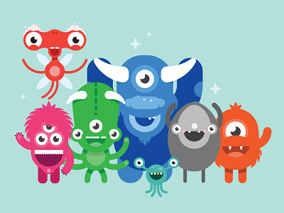 Monster Squad children colourful flat horns illustration kids monster one eyed teeth