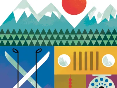 Travel Label fishing illustration jeep mountain skiing textures travel
