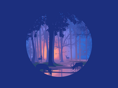 Forest at Dawn 2d animal art blue dawn deer design flat foliage forest graphic design hidden illustration morning nature photoshop quiet secret sunrise trees