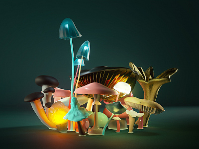 Mushrooms Dark 3d black bue gold light lowpooly mushrooms polygon render