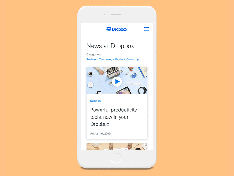 News at Dropbox blog cards dropbox news press web design